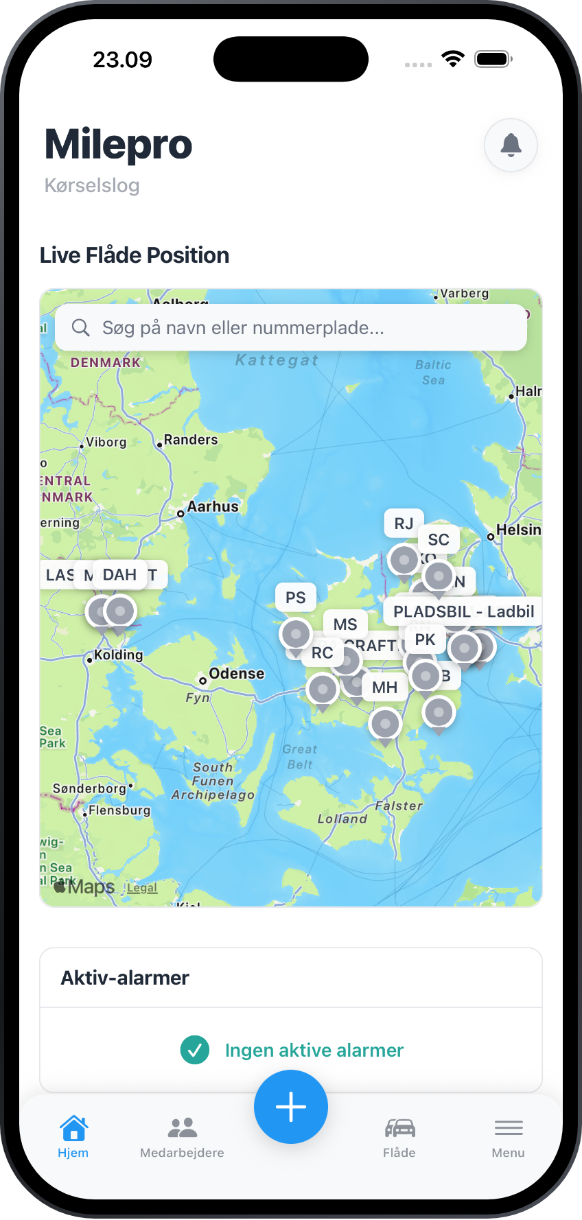 Live position på alle bilerne i MilePro-appen på Danmarkskortet