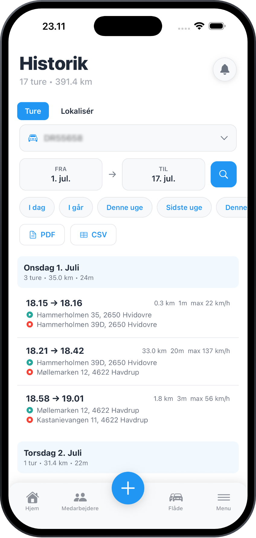 MilePro-appens kørselshistorik med automatisk registrerede ture
