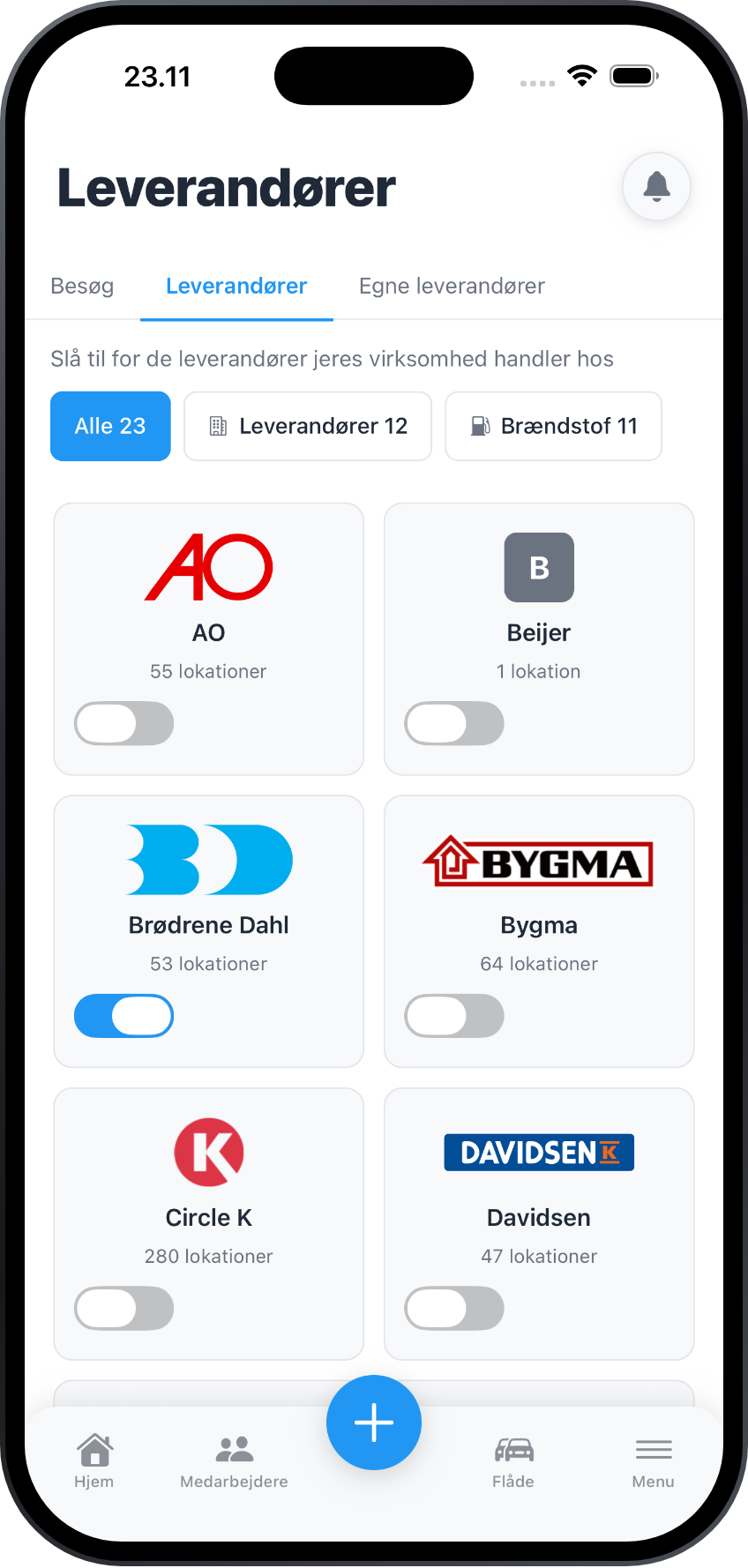MilePro-appen med leverandørkort: AO, Bygma, Circle K og Brødrene Dahl